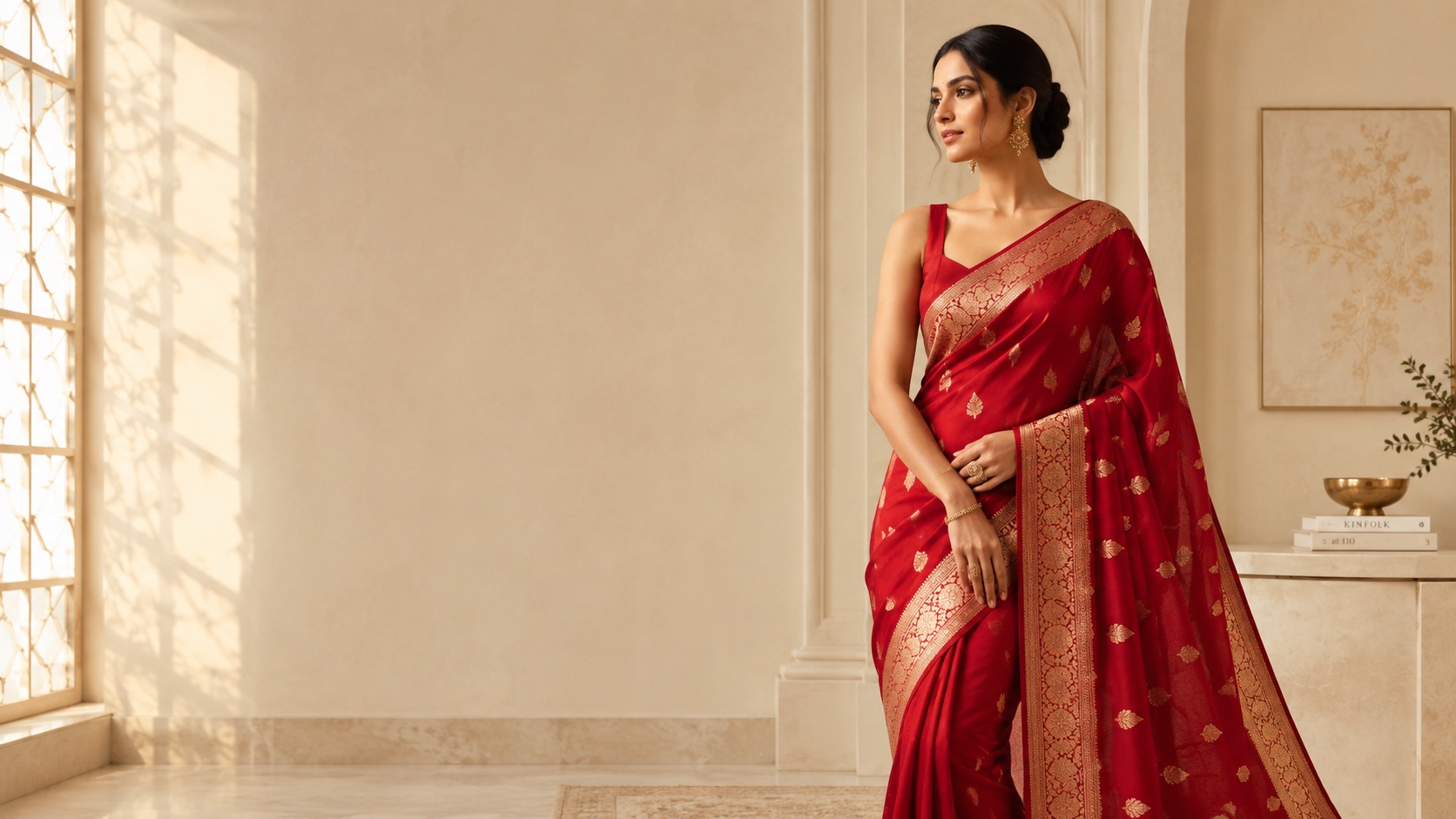 A woman in a red saree standing in warm window light