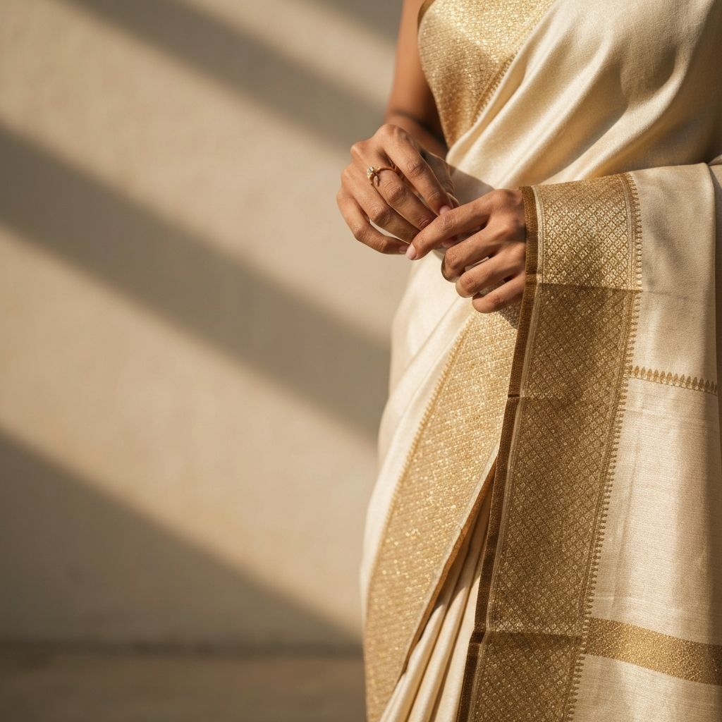 Saree fabric being finished by artisan hands